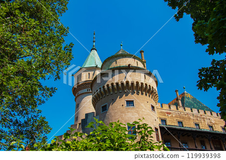 Beautiful Bojnice castle in Slovakia, Central Europe, UNESCO. Medieval architectural monument. 119939398
