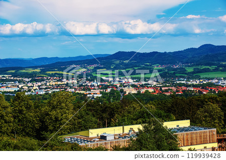 Beautiful Bojnice castle in Slovakia, Central Europe, UNESCO. Medieval architectural monument. View from the observation tower 119939428