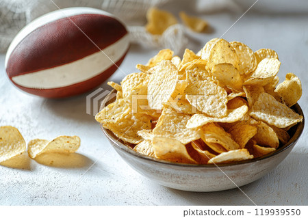 Chips with a rugby ball on gray background. Super bowl concept 119939550