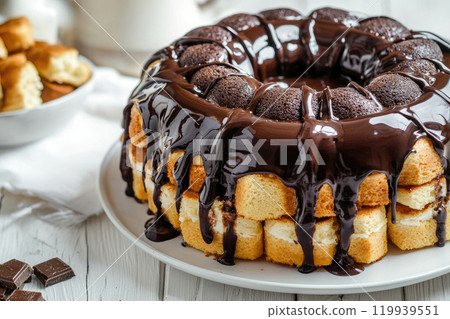 Chocolate and biscuits salami cake covered with chocolate sauce 119939551