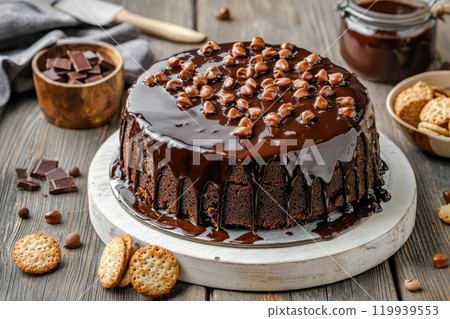 Chocolate and biscuits salami cake covered with chocolate sauce 119939553