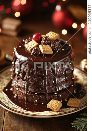 Chocolate and biscuits salami cake covered with chocolate sauce 119939555