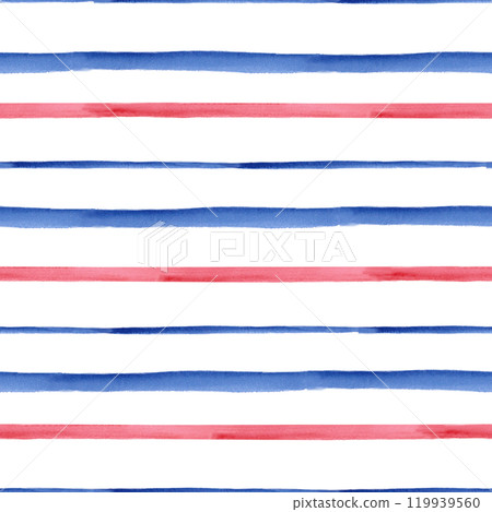 Seamless pattern with blue and red watercolor stripes of different thickness. Watercolor illustration for textile design as a companion, decoration of holidays in a marine style, sea restaurants Seamless pattern with blue and red watercolor stripes of different thickness. Watercolor illustration for textile design as a companion, decoration of holidays in a marine style, sea restaurants 119939560