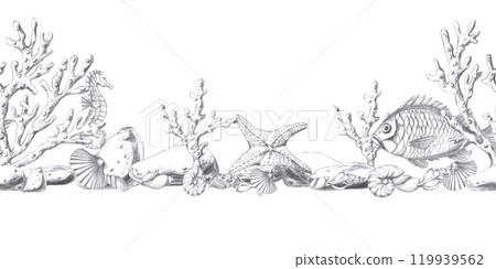 Seamless border with underwater inhabitants, corals and shells. Isolated pencil graphic illustration for postcards, textiles, restaurant decoration, invitations to a sea party, Seamless border with underwater inhabitants, corals and shells. Isolated pencil graphic illustration for postcards, textiles, restaurant decoration, invitations to a sea party, 119939562