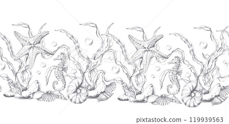 Seamless border with underwater inhabitants. Isolated pencil graphic illustration for postcards, textiles, restaurant decoration, invitations to a sea party, Seamless border with underwater inhabitants. Isolated pencil graphic illustration for postcards, textiles, restaurant decoration, invitations to a sea party, 119939563