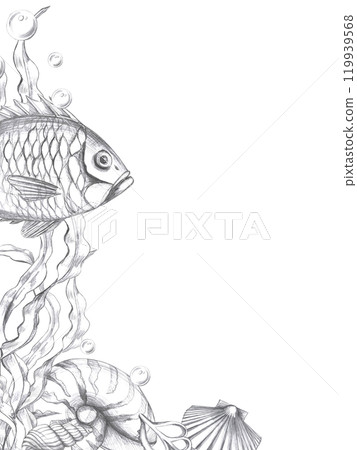 Vertical corner blank for menu or bar card of seafood restaurant with fish. Isolated pencil graphic illustration for postcards, invitations to sea party Vertical corner blank for menu or bar card of seafood restaurant with fish. Isolated pencil graphic illustration for postcards, invitations to sea party 119939568