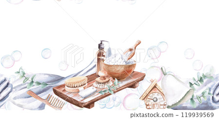 Seamless border with dispenser, sea salt. Isolated watercolor illustration for SPA complexes design, sauna certificates, printing on towels and robes 119939569