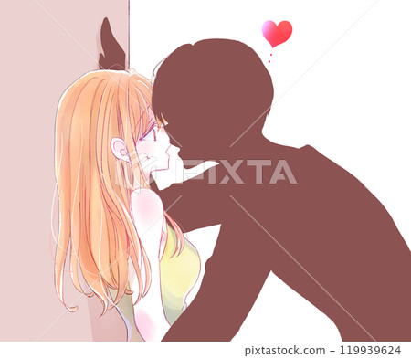 A woman being wall-donned by a silhouetted man - Negative A woman being wall-donned by a silhouetted man - Negative 119939624