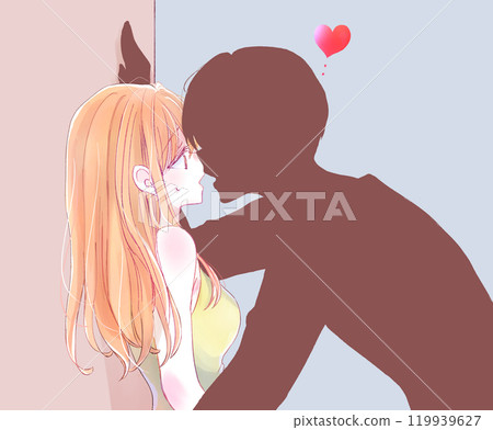 A woman being wall-donned by a silhouetted man - Negative 119939627