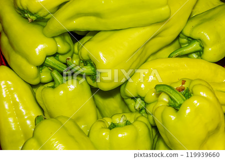Green bell peppers in the supermarket. The concept of proper nutrition. 119939660