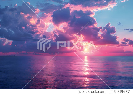 Dreamy Ocean Sunset with Vibrant Pink and Purple Sky Over Calm Waters Generative AI 119939677