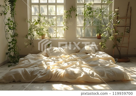 Sunlit Serenity: Cozy Bedroom with Lush Greenery and Soft Bedding Generative AI 119939700