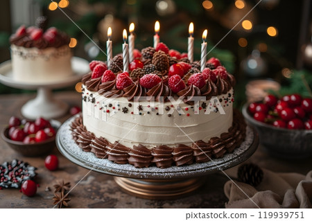Festive Holiday Cake with Candles, Chocolate Frosting, and Berries for Seasonal Celebrations Generative AI Festive Holiday Cake with Candles, Chocolate Frosting, and Berries for Seasonal Celebrations Generative AI 119939751