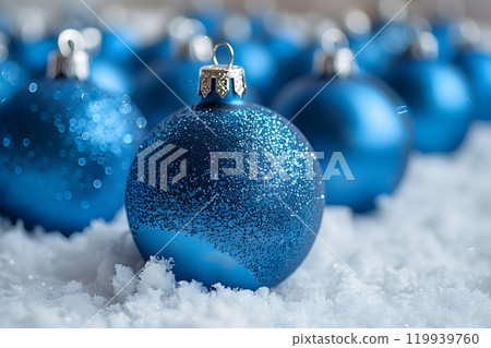 Sparkling Blue Christmas Baubles on Snowy Surface for Holiday Decor Generative AI 119939760