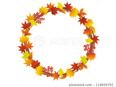A circular frame illustration of leaves and fruits with the image of autumn leaves A circular frame illustration of leaves and fruits with the image of autumn leaves 119939791
