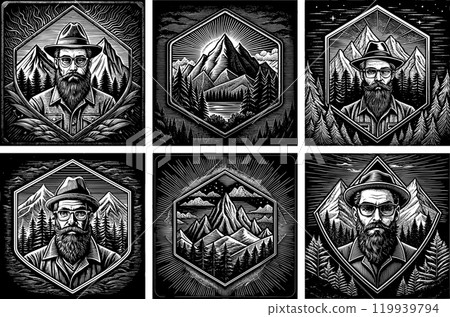 Set of monochrome illustrations with bearded hipsters in sunglasses and mountains 119939794