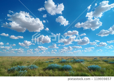 Vast Blue Sky and Cloudscape Over Spacious Grassland for Nature Prints Generative AI 119939857