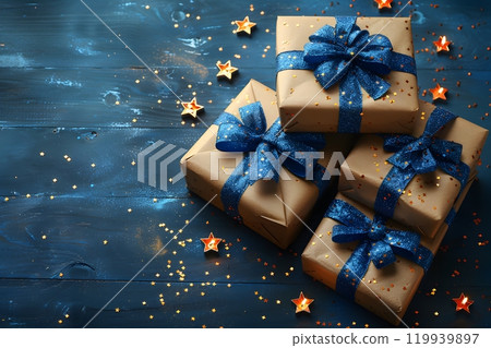 Elegant Holiday Gift Wrapping with Blue Ribbons and Star Decorations for Festive Celebrations Generative AI 119939897