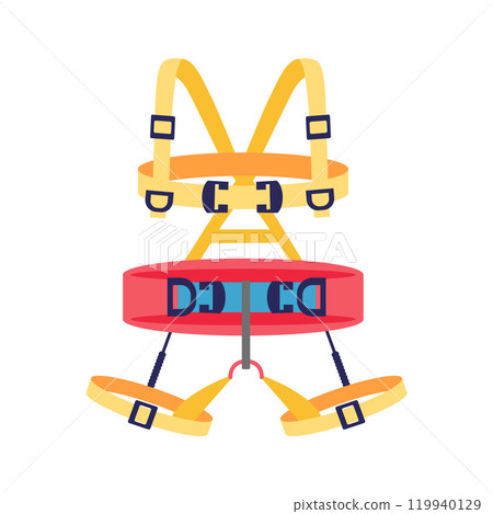 Climbing harness in flat design. Alpinism equipment with adjustable straps. Vector illustration isolated. Climbing harness in flat design. Alpinism equipment with adjustable straps. Vector illustration isolated. 119940129