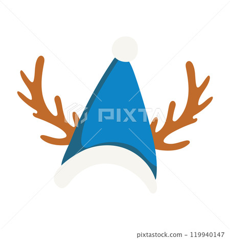 Christmas hat with reindeer antlers in flat design. Blue hat with horns. Vector illustration isolated. 119940147