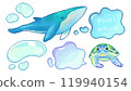 像素藝術可愛的微笑海龜和鯨魚，水滴和氣泡，框架組 119940154