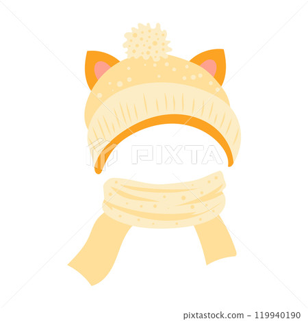 Children knit hat in flat design. Orange beanie with animal ears and scarf. Vector illustration isolated. Children knit hat in flat design. Orange beanie with animal ears and scarf. Vector illustration isolated. 119940190
