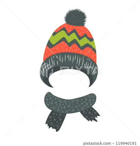 Children knit hat in flat design. Ornate beanie with pom-pom and scarf. Vector illustration isolated. 119940191
