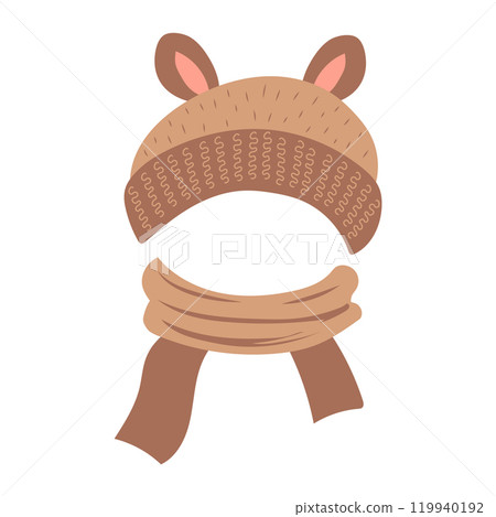 Cute children knit hat in flat design. Brown beanie with ears and scarf. Vector illustration isolated. 119940192