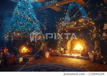 Magical illustration of a living room decorated for Christmas with a tree, gifts and a fireplace Magical illustration of a living room decorated for Christmas with a tree, gifts and a fireplace 119940206
