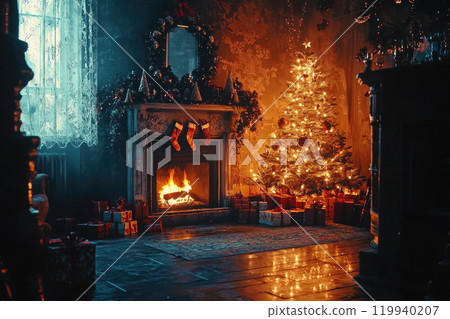 Magical illustration of a living room decorated for Christmas with a tree, gifts and a fireplace Magical illustration of a living room decorated for Christmas with a tree, gifts and a fireplace 119940207