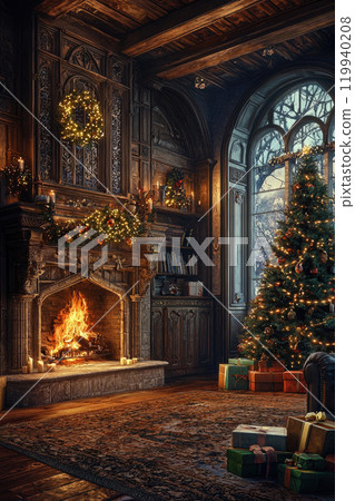 Magical illustration of a living room decorated for Christmas with a tree, gifts and a fireplace Magical illustration of a living room decorated for Christmas with a tree, gifts and a fireplace 119940208