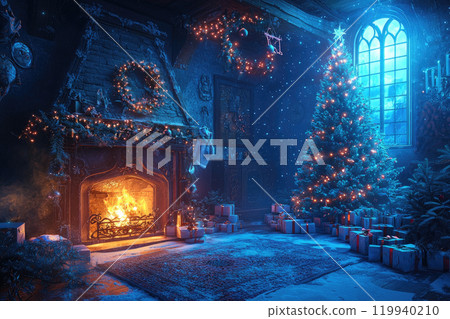 Magical illustration of a living room decorated for Christmas with a tree, gifts and a fireplace 119940210