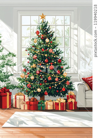 Christmas decoration with tree, gifts and fireplace in a very elegant white living room 119940218