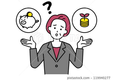 A middle-aged woman in a suit wondering whether to save or invest A middle-aged woman in a suit wondering whether to save or invest 119940277
