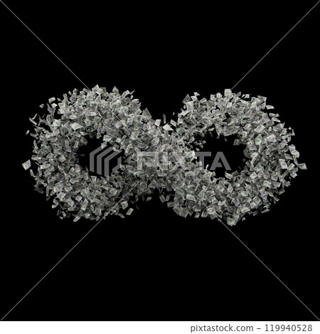 Infinity symbol made up of hundreds of dollar bills, floating against a black background. Represents infinite wealth, financial freedom, or endless money flow. 3D render 119940528
