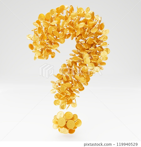 Golden coins forming a large 3D question mark shape, floating against a clean white background. The coins are shiny and arranged in a scattered yet structured pattern. 3D render Golden coins forming a large 3D question mark shape, floating against a clean white background. The coins are shiny and arranged in a scattered yet structured pattern. 3D render 119940529