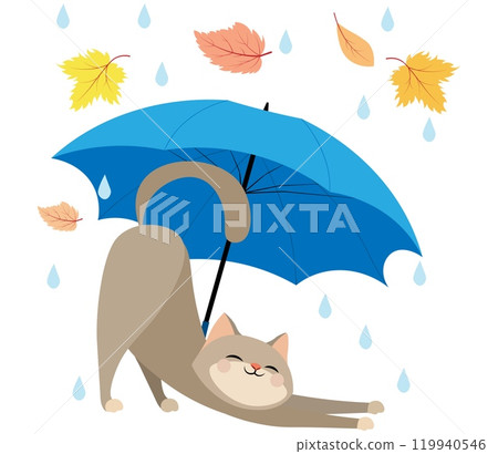 Autumn mood. It's raining and the cat is stretching under a blue umbrella. Autumn collection. Autumn mood. It's raining and the cat is stretching under a blue umbrella. Autumn collection. 119940546