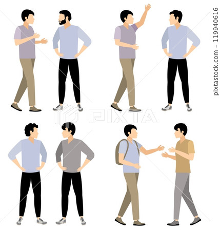 Vector people. Male character.Several men are talking to each other. Modern man with light skin. 119940616