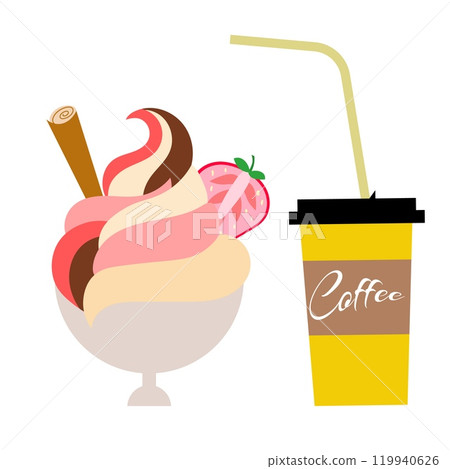 Ice cream collection. Fruit ice cream with cinnamon stick in ice cream and coffee bowl. Vector illustration Ice cream collection. Fruit ice cream with cinnamon stick in ice cream and coffee bowl. Vector illustration 119940626