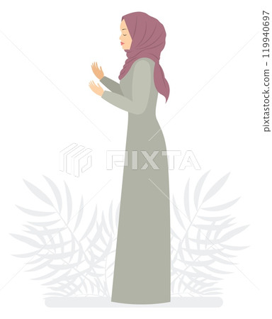 Muslim woman in hijab. A young woman in a hijab stands and prays. Modern Muslim women in traditional hijabs. Muslim woman in hijab. A young woman in a hijab stands and prays. Modern Muslim women in traditional hijabs. 119940697