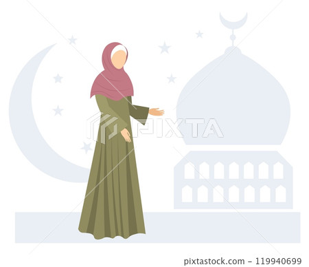 Muslim woman in hijab. A young woman in a hijab stands near a mosque. Modern Muslim women in traditional hijabs. 119940699