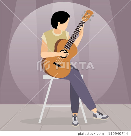 Vector people. Playing acoustic guitar. A female guitarist performs on stage. Vector people. Playing acoustic guitar. A female guitarist performs on stage. 119940744