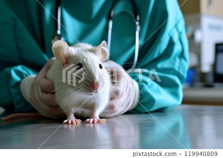 Close-up of a doctor wearing medical gloves holding a cute rat. Medical examination at a veterinary clinic specializing in pet health. Blur the background. Pets. Best patient. Banner. Copy space 119940809