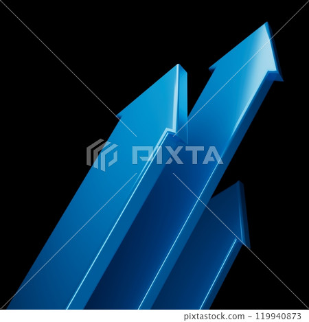 Three glossy blue arrows pointing upward against a black background, symbolizing growth, progress, success, or financial increase. Sleek and modern design. 119940873