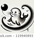 Ink painting of a cute seal playing with a ball 119940893