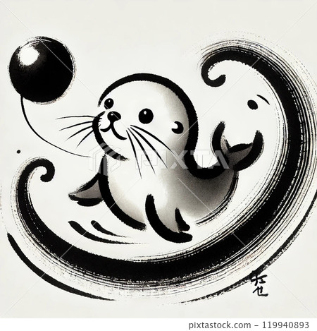 Ink painting of a cute seal playing with a ball 119940893