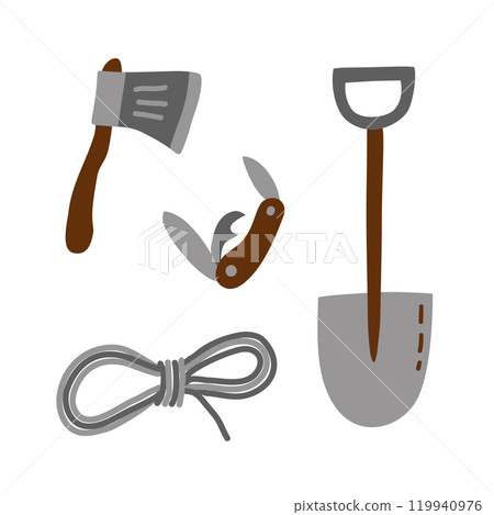 Essential camping tools axe, folding knife, shovel, and rope for outdoor adventures 119940976
