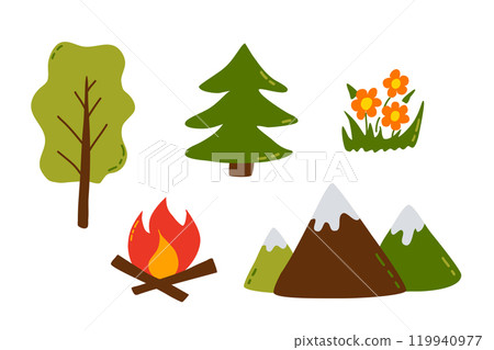 Nature elements trees, campfire, flowers, and mountains for outdoor adventure designs 119940977