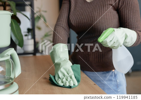 Close up of unrecognizable woman cleaning kitchen counter of table at home and spraying sanitizing liquid, copy space Close up of unrecognizable woman cleaning kitchen counter of table at home and spraying sanitizing liquid, copy space 119941185