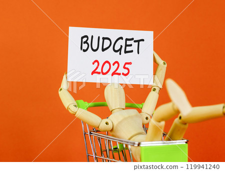 Planning budget 2025 new year symbol. Concept words Budget 2025 on beautiful white paper on wooden clothespin. Beautiful orange background. Business budget 2025 new year concept. Copy space. 119941240